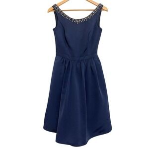 Davids Bridal Navy Blue A-Line Midi Bridesmaid Dress w Open Back, Pockets – Sz 6